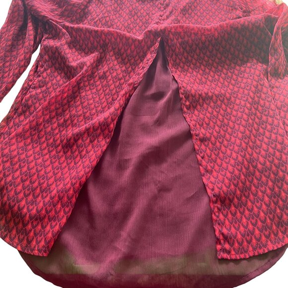 Lucky Brand Red & Black Animal Print Split Neck Blouse Sz Medium Long Sleeves - Picture 6 of 11